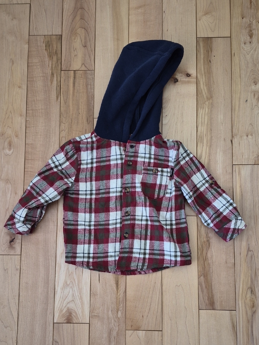 Boys Size 18m DKNY Red, White & Navy Plaid Hooded Button-Down Shirt